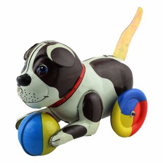 Giocattolo di latta - Giocattolo depoca - cane con palla colorata - cane di latta