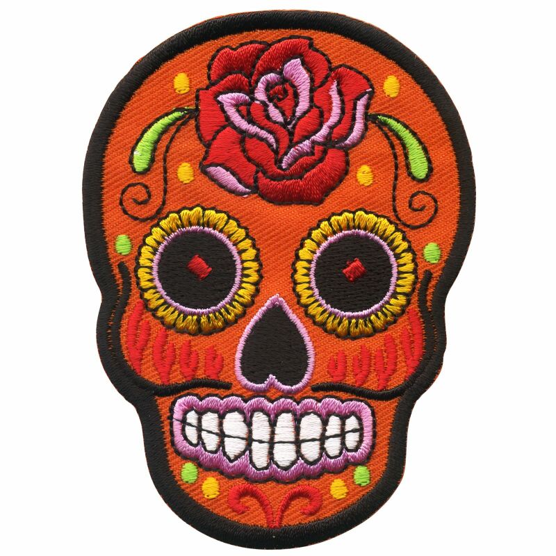Aufnäher Totenkopf Mexico mit Rose orange-rot Patch Bügelbild Abzeichen 