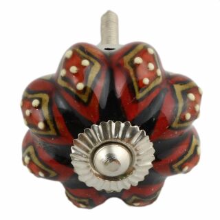 Ceramic door knob shabby chic Rosette - red-black-brown pattern - silver