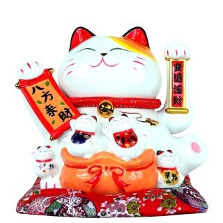 Agitando gato chino - Porcelana 24 cm blanco - Maneki Neko de alta calidad 01