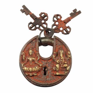Lock - Padlock - Shiva and Ganesha - brass - red