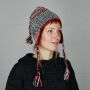 Woolen Hat - Knit Cap - Earflaps and Cords - black-red