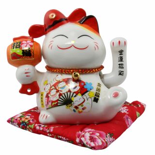 Gatto della fortuna - Gatto cinese - Porcellana 15,5 cm bianco - Maneki Neko di alta qualità 03