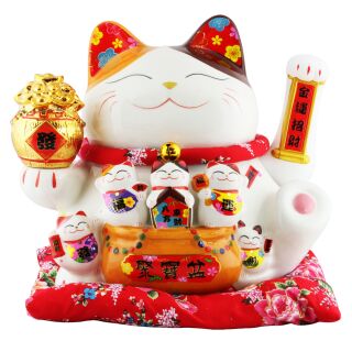 Lucky cat - Porcelain 30 cm white - High quality Maneki Neko - Waving cat 03