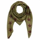 Sciarpa di cotone - stelle 1,5 cm verde-oliva - rosso 2 argento lurex - foulard quadrato
