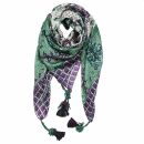 Silk scarf with tassels - 100x100 cm - green-purple-cream