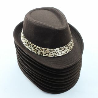 10x Trilby Hüte Hut Set 30 braun mit Hutband Leopardenmuster Fedora Posten Großhandel