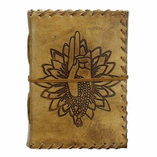 Libreta de cuero - marrón claro - cuaderno de bocetos - diario - flor de loto - mano que reza