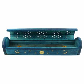 Porta bastoncini dincenso - scatola di incenso - legno - blu - ornamento luna