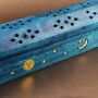 Incense stick holder - Incense box - wood - blue - ornamentation moon