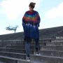 Poncho blue colourful throw over fringes batik