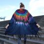 Poncho blue colourful throw over fringes batik