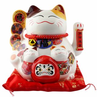 Glückskatze Maneki-neko Winkekatze aus Porzellan 20cm weiß winkende Katze