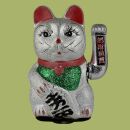 Agitando gato chino Maneki neko de carámica 20cm plata Lucky cat