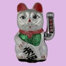 Agitando gato chino Maneki neko de carámica 20cm plata Lucky cat