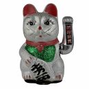 Glückskatze Maneki-neko Winkekatze aus Keramik 20cm silber winkende Katze