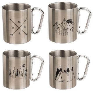 Edelstahlbecher mit Karabiner Reise Motiv Edelstahl silber Tasse doppelwandig