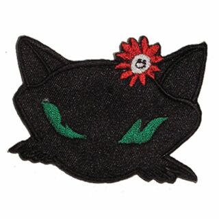 Aufnäher - Schwarze Katze - schwarz-grün mit Blume - Patch
