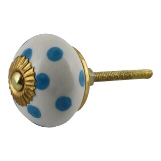 Ceramic door knob shabby chic - Dots - white-blue