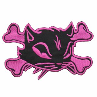 Aufnäher XL - Katzenkopf mit Knochen - rosa-schwarz - Rückenaufnäher