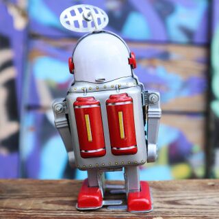 Roboter Robot rotes Gesicht Blechroboter Tin Toy Fehlerware 