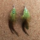 Feather Earrings 3 large &gt; with glitter green-brown