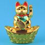 Agitando gato chino - Maneki neko - solar base oval - 14 cm - oro
