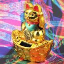 Gatto della fortuna - Gatto cinese - Maneki neko - base ovale solare - 10 cm - oro