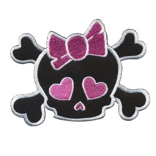 Aufnäher - Totenkopf mit Herz - schwarz-pink - Patch