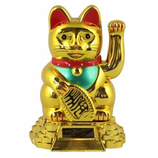 Agitando gato chino - Maneki neko - solar base redonda - 15 cm - oro