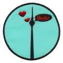Aufnäher - Fernsehturm Berlin mit Herz - schwarz-hellblau-rot 8 cm - Patch