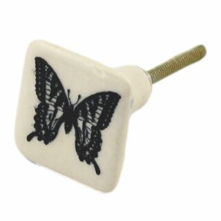 Ceramic door knob shabby chic big - angular - with butterfly