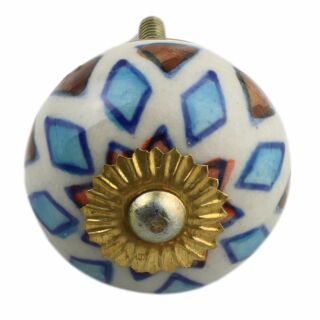 Ceramic door knob shabby chic - Checks and Triangels - blue-brown