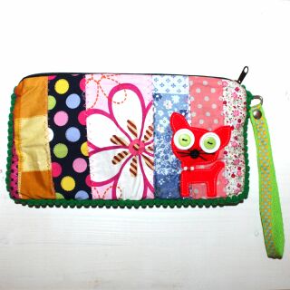 Pencil case made of cotton - Cat small - Patchwork Pattern 01 - Pocket