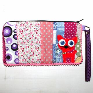 Pencil case made of cotton - Cat small - Patchwork Pattern 04 - Pocket