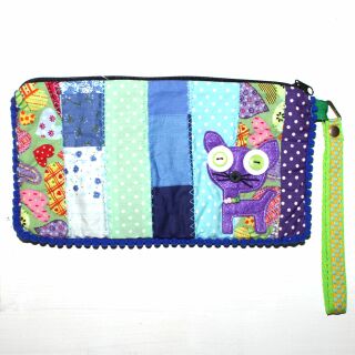 Pencil case made of cotton - Cat small - Patchwork Pattern 06 - Pocket