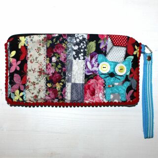 Pencil case made of cotton - Cat small - Patchwork Pattern 07 - Pocket