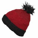 Wollmütze mit Bommel - rot - schwarz - warme Strickmütze - Bommelmütze