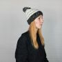 Woolen hat with bobble and stripes pattern - white - black flecked - Knit cap with pop pom