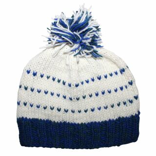 Woolen hat with bobble and stripes pattern - white - blue - Knit cap with pop pom