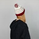 Woolen hat with bobble and stripes pattern - white - red - Knit cap with pop pom