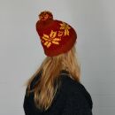 Woolen hat with bobble and Scandinavian style pattern - orange - red - yellow - Knit cap with pop pom