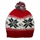 Woolen hat with bobble and Scandinavian style pattern - white - black - red - Knit cap with pop pom