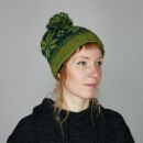 Woolen hat with bobble and Scandinavian style pattern - green - teal - light brown - Knit cap with pop pom