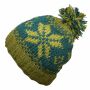 Woolen hat with bobble and Scandinavian style pattern - green - teal - light brown - Knit cap with pop pom