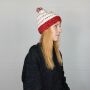 Wollmütze mit Bommel und Streifen Muster - weiß - rot-rosa - warme Strickmütze - Bommelmütze