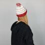 Wollmütze mit Bommel und Streifen Muster - weiß - rot-rosa - warme Strickmütze - Bommelmütze