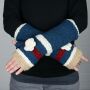 Woolen arm warmers - Knitted arm warmers - Blue with flower and stripes - Fleece arm warmers