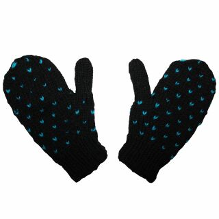 Woolen mittens - knitted gloves - black with pattern - mittens with fleece