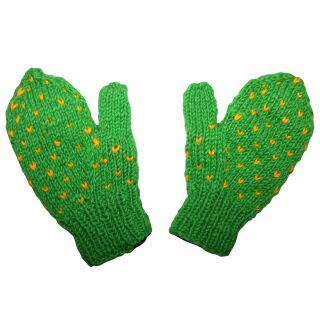 Woolen mittens - knitted gloves - green with pattern - mittens with fleece